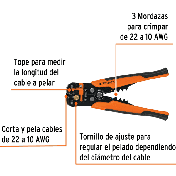 Pinza Pelacables Automática 8" 22-10 AWG Truper PEC-AUT